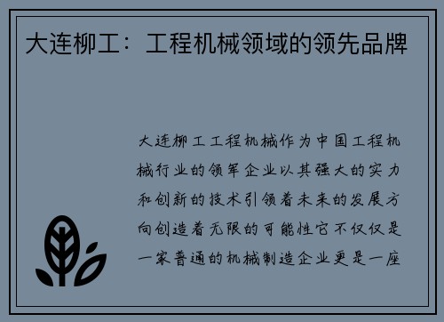 大连柳工：工程机械领域的领先品牌
